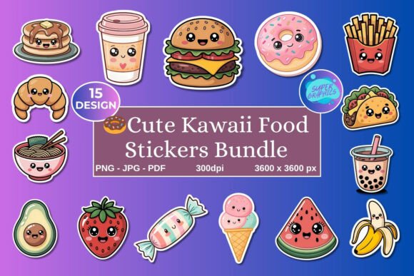 Download Printable Kawaii Food Stickers Bundle - Sticker Collection