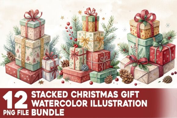Download Stacked Christmas Gift Watercolor Bundle - Christmas gift watercolor Collection